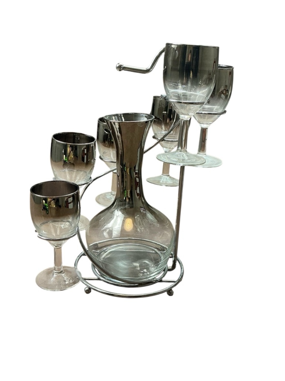 Vintage Dorothy Thorpe Silver Fade Mid Century Wine Glasses Carafe Spiral Caddy